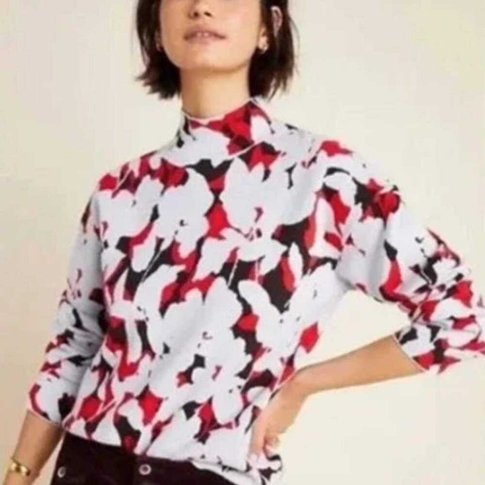 By Anthropologie Floral Mock Neck Pullover Sweater Knit Top Red‎ Black